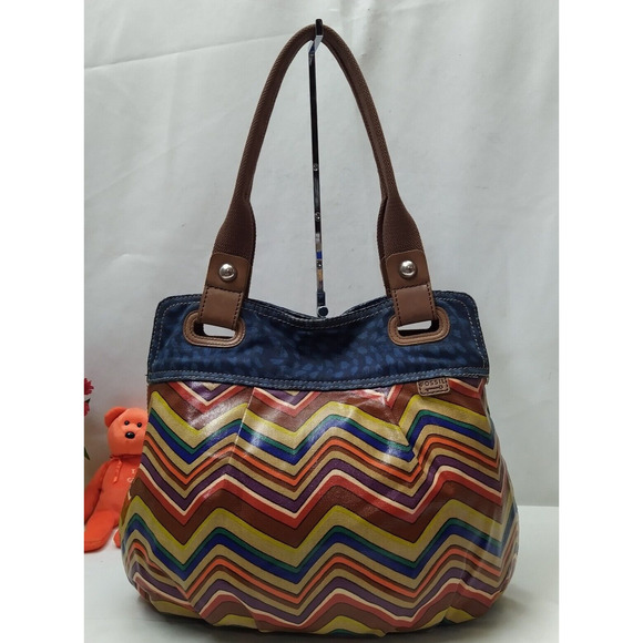 Fossil Key Per Multicolor Coated Canvas Stripe Double Handle Tote Shoulder Bag - Picture 1 of 15